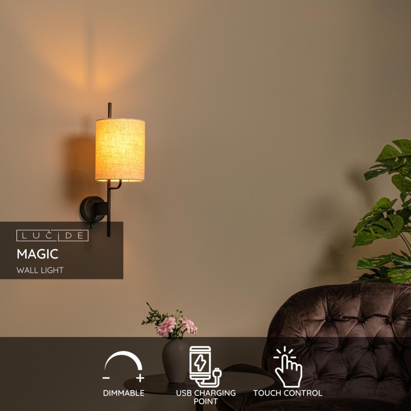 Lucide MAGIC - Nástenné svietidlo - 1xE27 - S USB nabíjacím bodom - Čierna